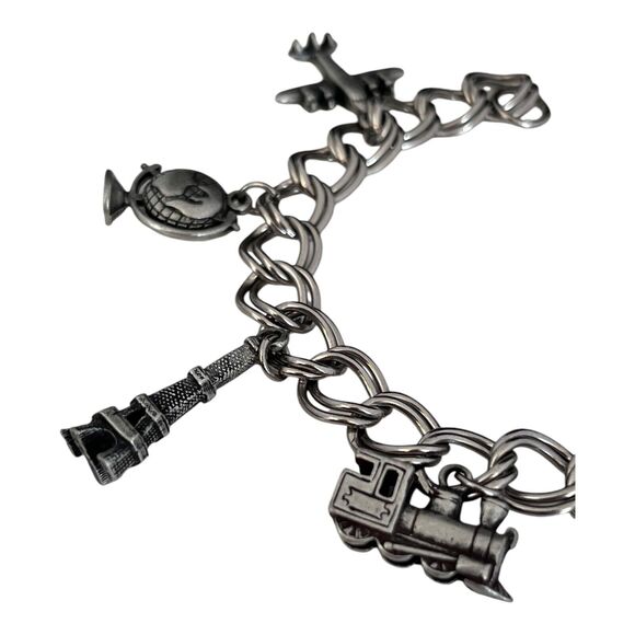New Travel Charm Bracelet Globe, Eiffel Tower, Plane, Train Pewter Tone 8T - Picture 2 of 5